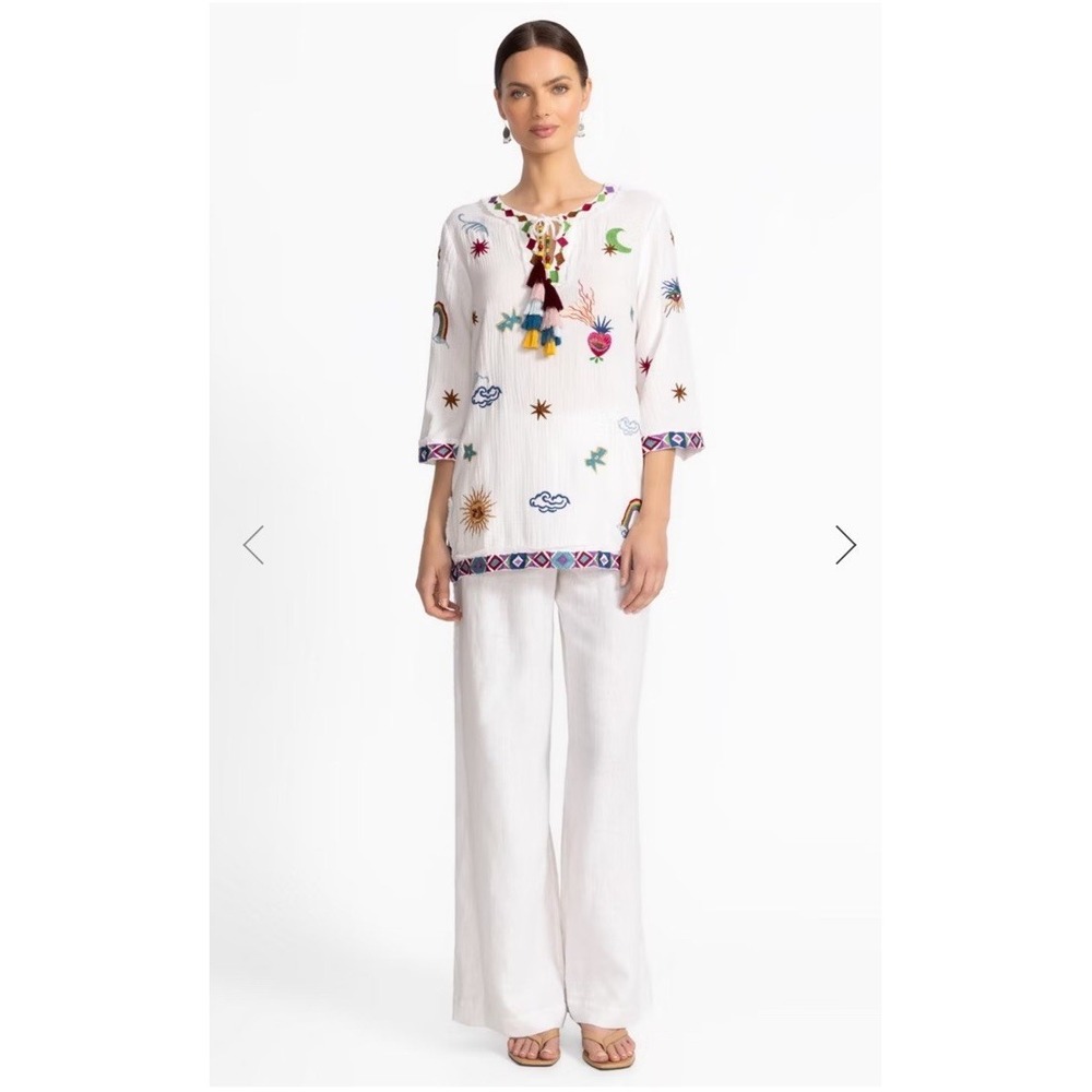 Johnny Was Catalya Tunic 100% Cotton V-neck 3/4 Sleeve NWT $230 Embroidered